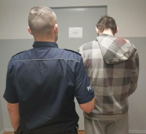 policjant i mężczyzna z kajdankami z tyłu w areszcie