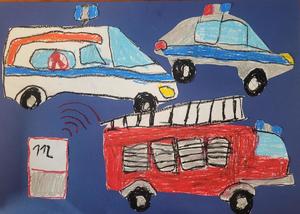 Praca plastyczna przedstawiająca radiowóz, karetkę oraz wóz strażacki.