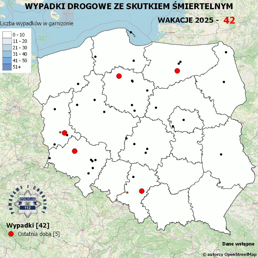Mapa prezentująca liczbę wypadków poprzedniej doby w Polsce. Prezentowane dane są dostępne w tekście poniżej.