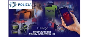 Napis 11 lutego dzień numeru alarmowego w tle widoczne służby ratunkowe