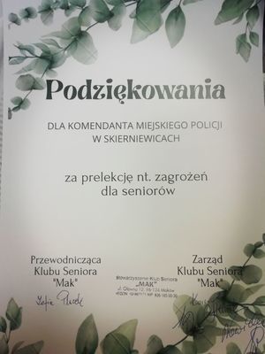 Podziękowanie dla Komendanta Miejskiego Policji w Skierniewicach za prelekcję a temat zagrożeń od klubu seniora Mak
