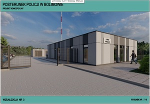 projekt koncepcyjny posterunku policji w Bolimowie, widok z przodu, ogrodzenie oraz koncepcyjny obraz parkingu, parterowy budynek posterunku i garaż zaprojektowane zostały w odcieniach szarości