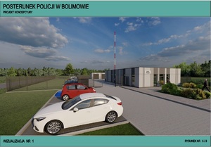 projekt koncepcyjny posterunku policji w Bolimowie, widoczny  jest posterunek, ogrodzenie oraz koncepcyjny obraz parkingu z zaparkowanymi samochodami w różnych kolorach; parterowy budynek posterunku i garaż zaprojektowane zostały w odcieniach szarości