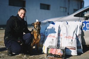 Funkcjonariusz wraz z psem służbowym obok radiowozu i karmy, która została zakupiona dla schroniska.