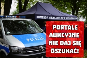 Zdjęcie radiowozu a obok napis &quot;portale aukcyjne, nie daj się oszukać&quot;.