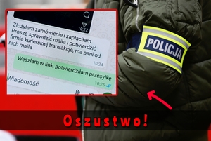 Zdjęcie kryminalnego z opaską &quot;Policja&quot; z fragmentem rozmowy oszusta z pokrzywdzoną.