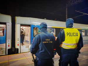 Policjant i funkcjonariusz Służby Ochrony Kolei na tle pociągu.