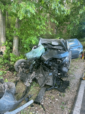 Auto po zderzeniu z drzewem.