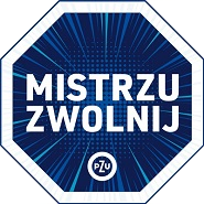 Sześciokąt w środku napis mistrzu zwolnij na granatowym tle.