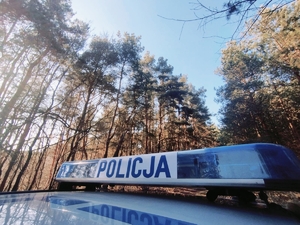 Radiowóz na tle lasu.