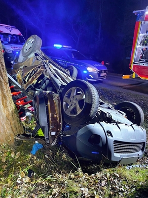 Pojazd w rowie, na miejscu pracujące służby.