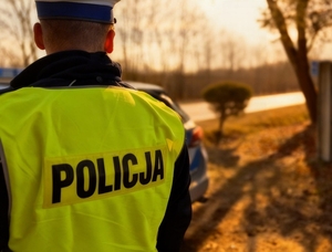 Policjant ruchu drogowego stojący tyłem.