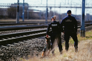Policjant wraz z Strażą Ochrony Kolei podczas kontroli, w tle tory kolejowe.
